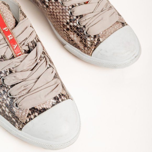 Prada Red Label Taupe Snake Print Satin Ribbon Tied Sneakers, Size 7.5 - Picture 6 of 11